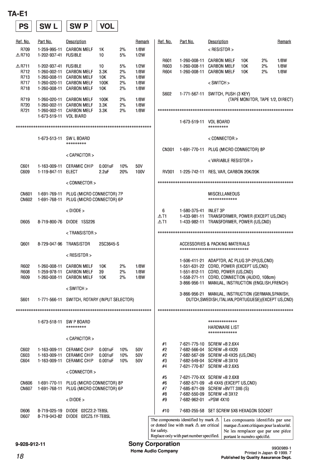 Sony manual TA-E1 PS, Sw L, Sw P, 9-928-912-11, Sony Corporation, Home Audio Company 