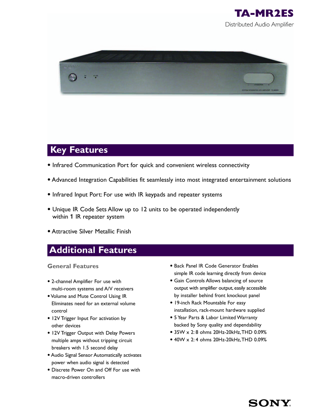 Sony Stereo Amplifier, TA-MR2ES, 374 warranty Key Features, Additional Features, General Features 