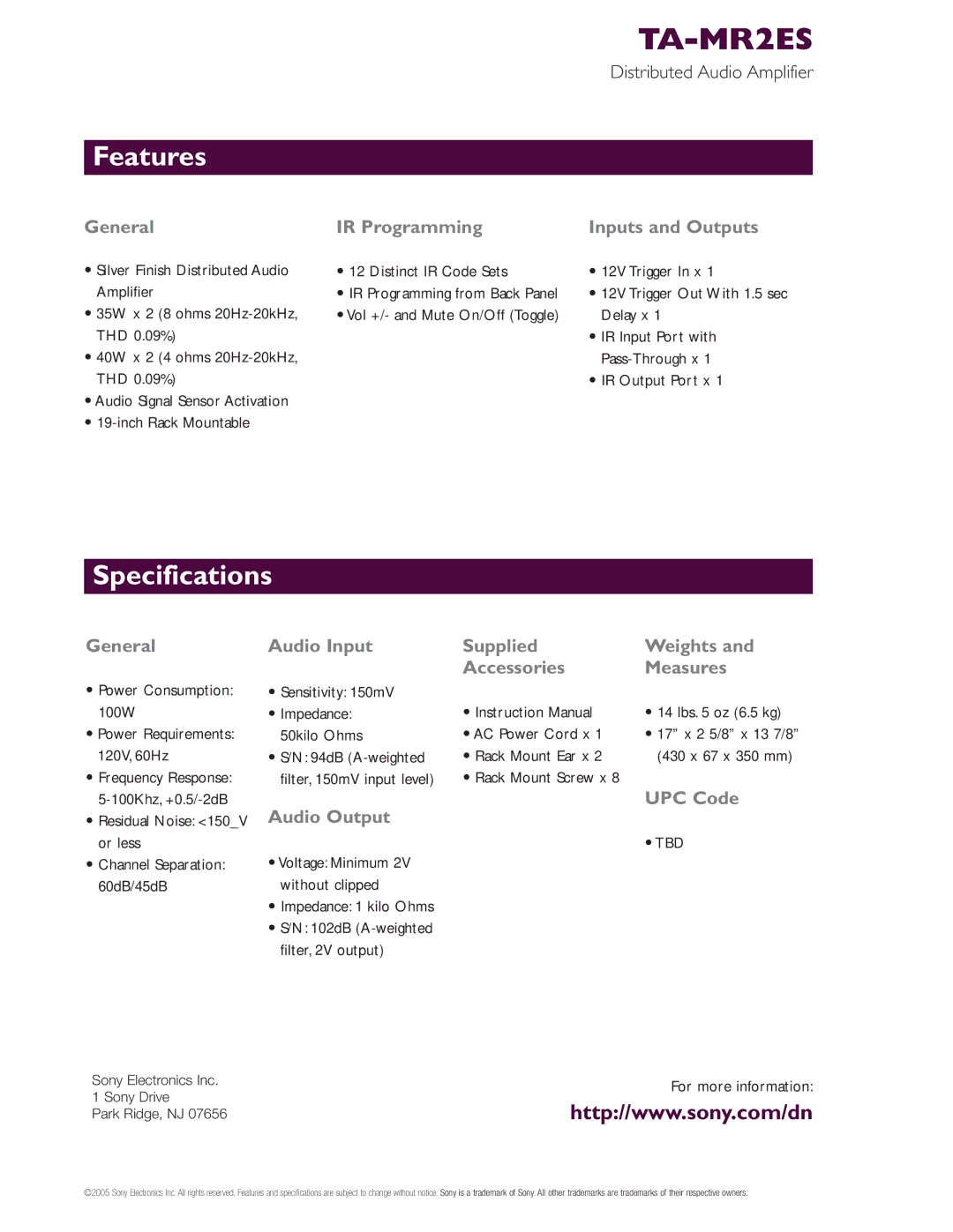 Sony 374, TA-MR2ES, Stereo Amplifier warranty Features, Specifications 