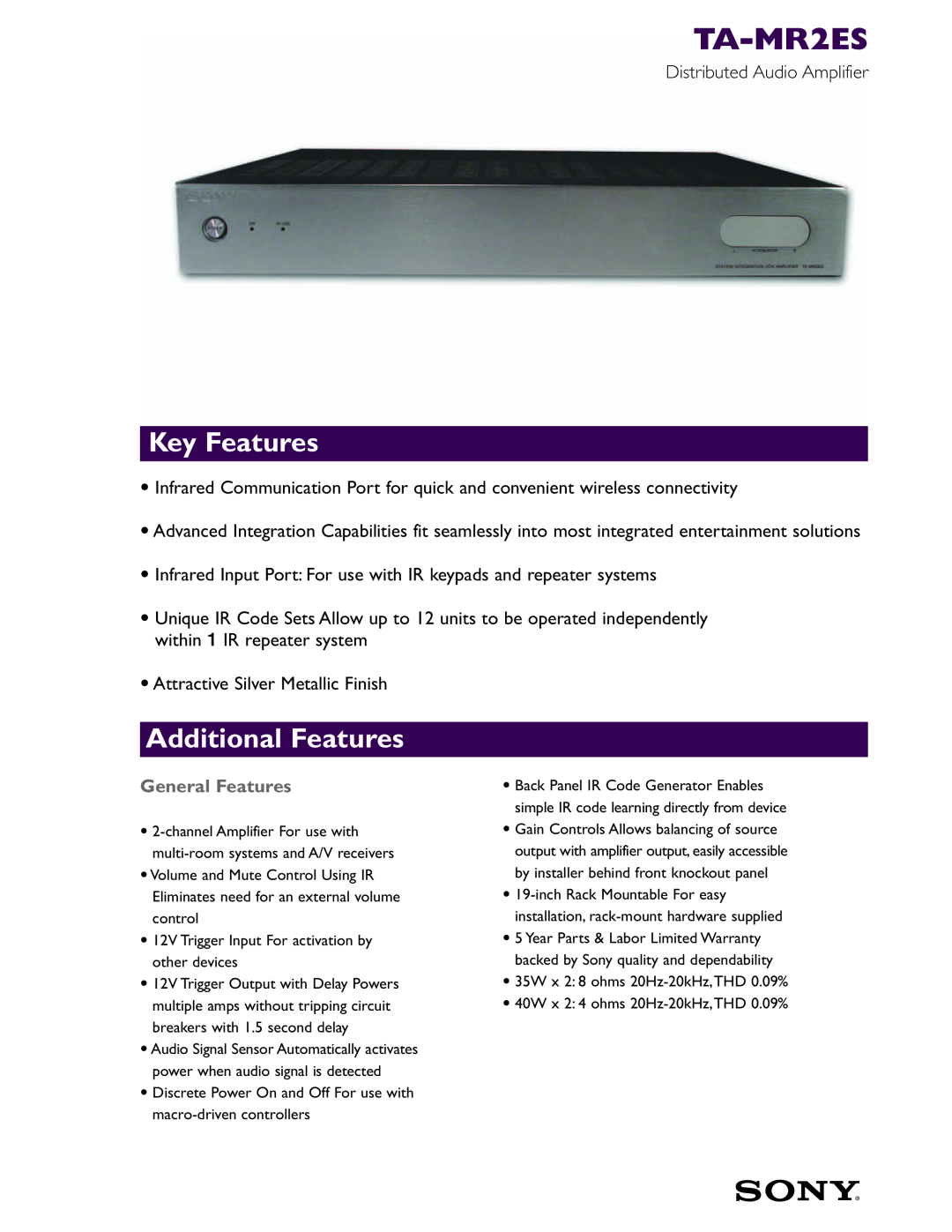 Sony Stereo Amplifier, 374 warranty TA-MR2ES, Key Features, Additional Features, Distributed Audio Amplifier 