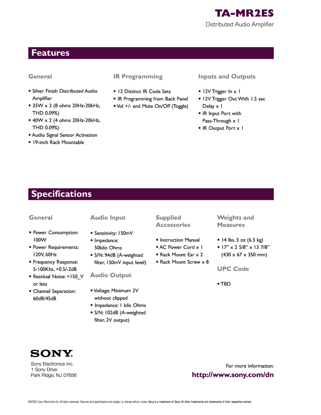 Sony 374, Stereo Amplifier warranty Features, Specifications, TA-MR2ES 