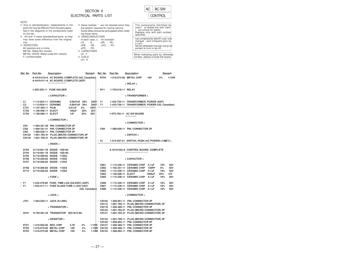 Sony TA-P9000ES service manual Section Electrical Parts List AC AC SW Control 