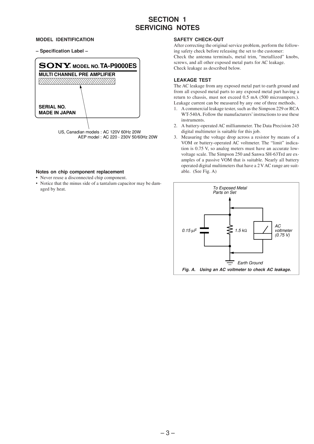 Sony TA-P9000ES service manual Section Servicing Notes, Multi Channel PRE Amplifier Serial no Made in Japan 