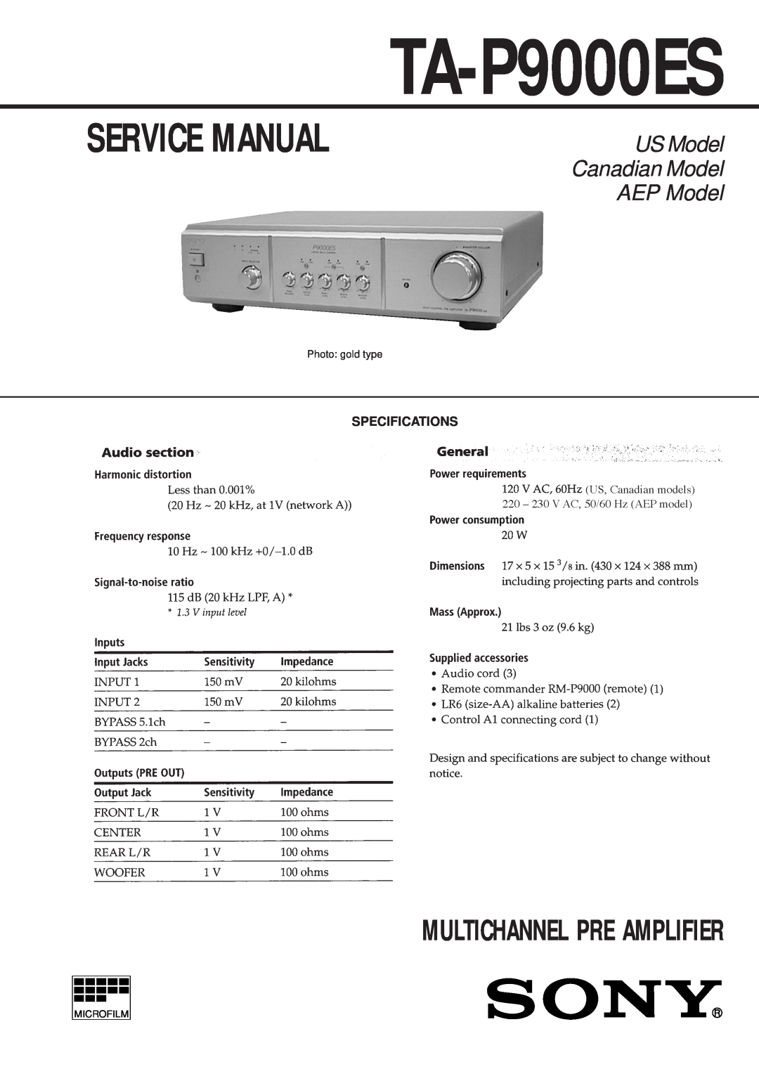 Sony TA-P9000ES service manual Specifications, Multichannel Pre Amplifier, US Model Canadian Model AEP Model 