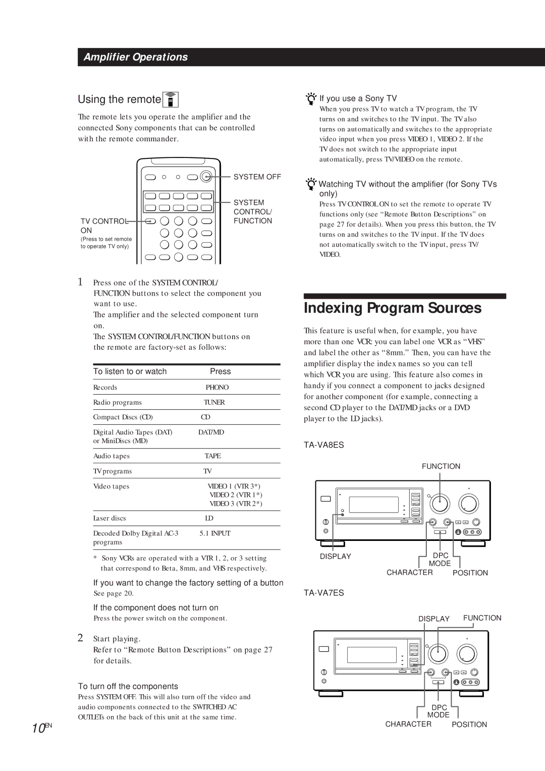 Sony TA-VA7ES, TA-VA8ES manual Indexing Program Sources, 10EN, Using the remote 