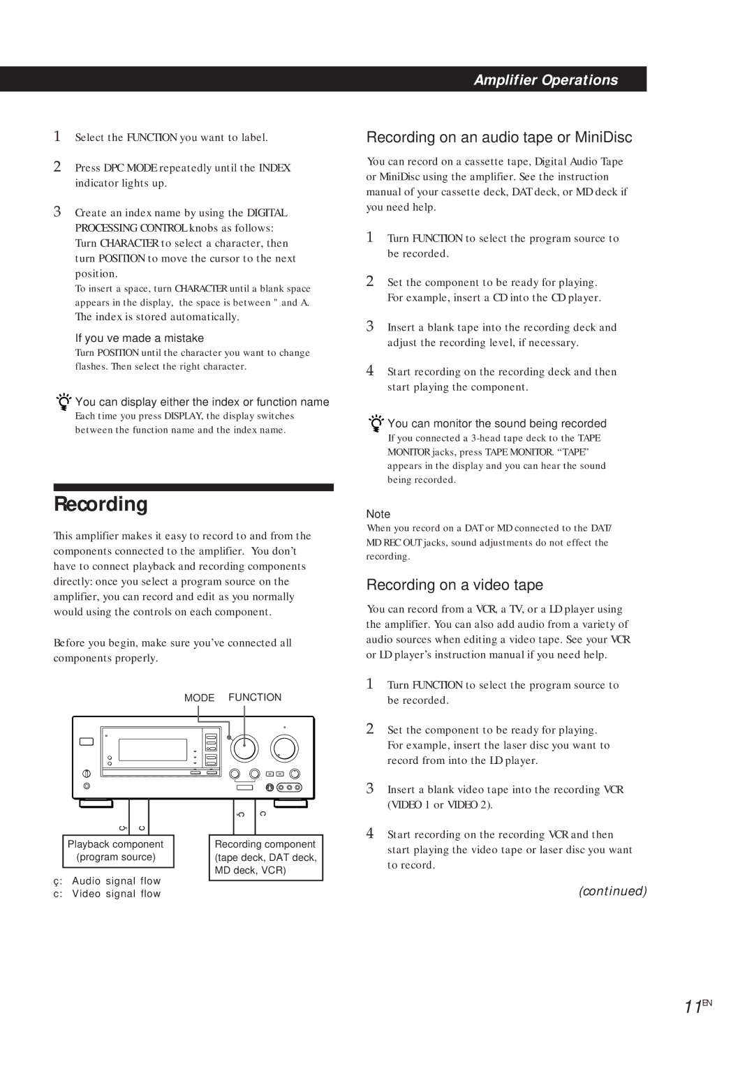 Sony TA-VA8ES, TA-VA7ES manual 11EN, Recording on an audio tape or MiniDisc, Recording on a video tape 