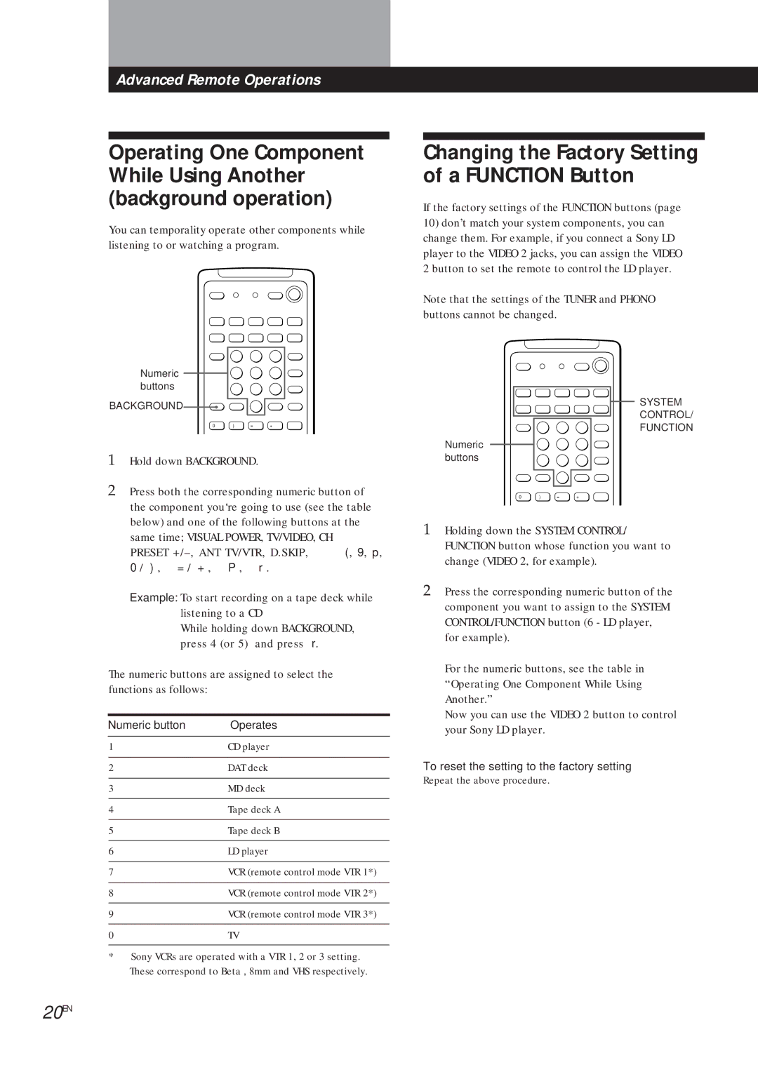 Sony TA-VA7ES, TA-VA8ES manual 20EN, Numeric button Operates, To reset the setting to the factory setting, Numeric buttons 