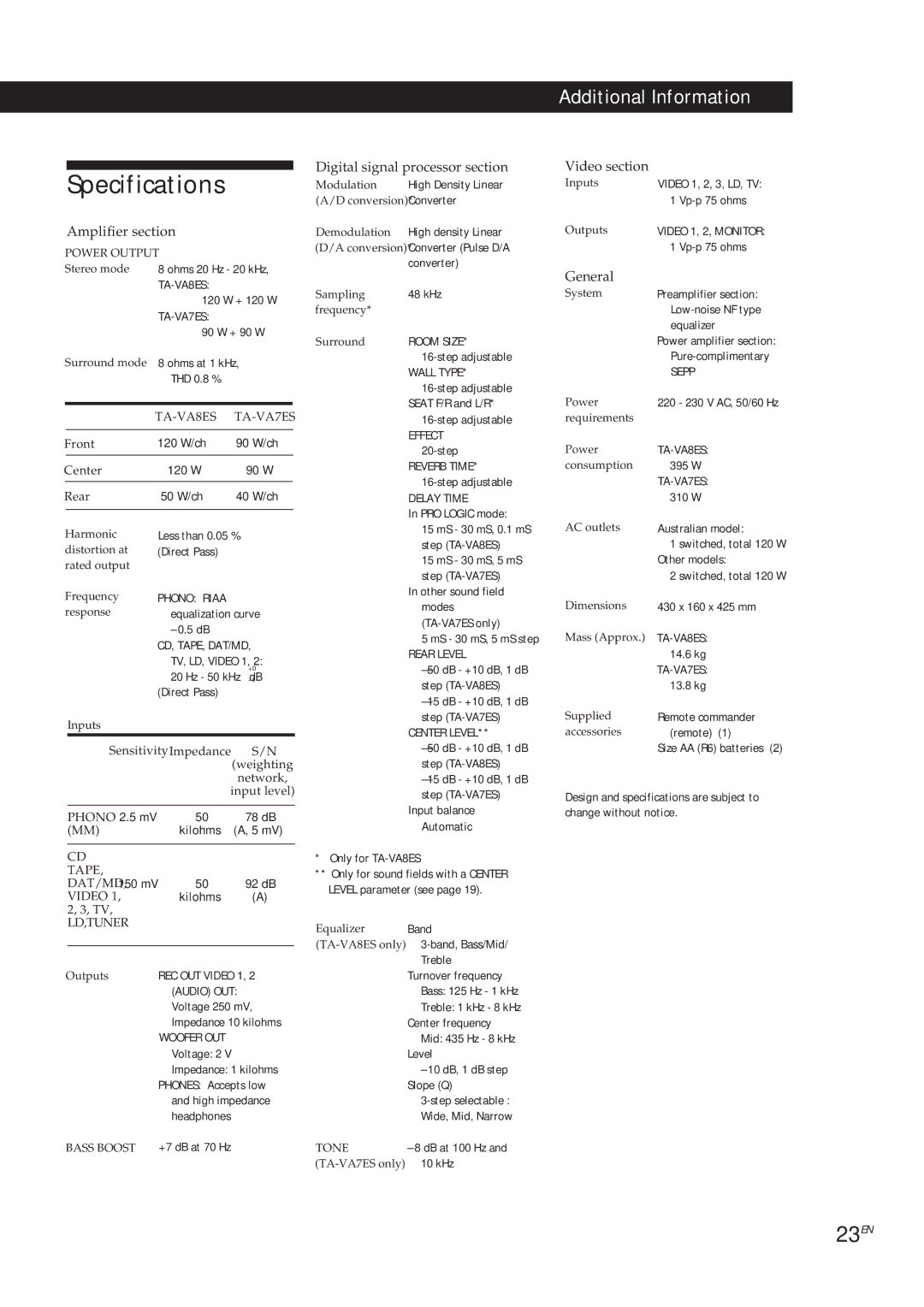 Sony TA-VA8ES, TA-VA7ES manual Specifications, 23EN 