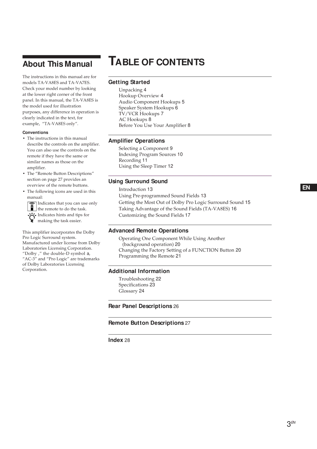 Sony TA-VA8ES, TA-VA7ES manual Table of Contents 