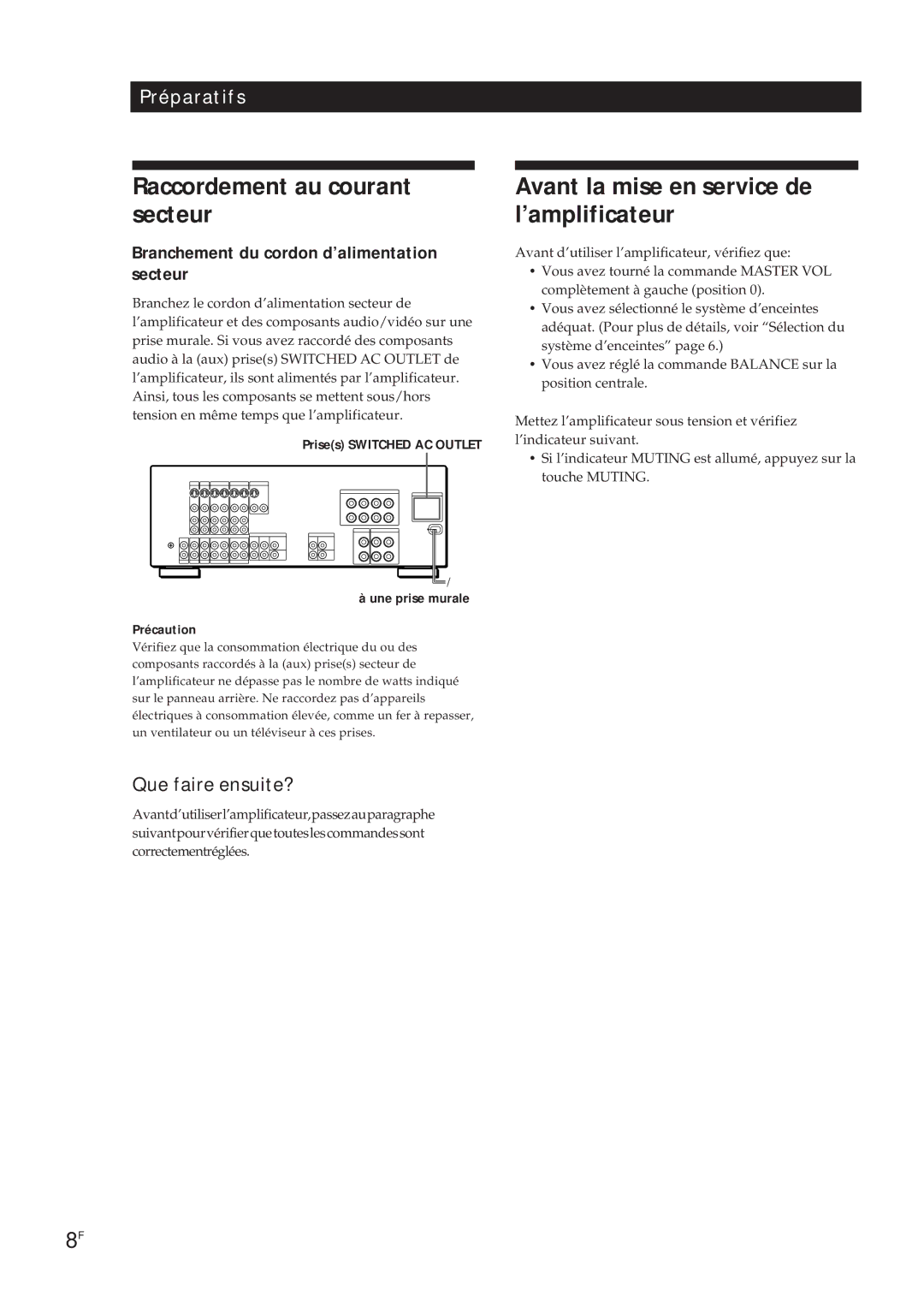 Sony TA-VA8ES, TA-VA7ES manual Raccordement au courant secteur, Avant la mise en service de l’amplificateur, Précaution 