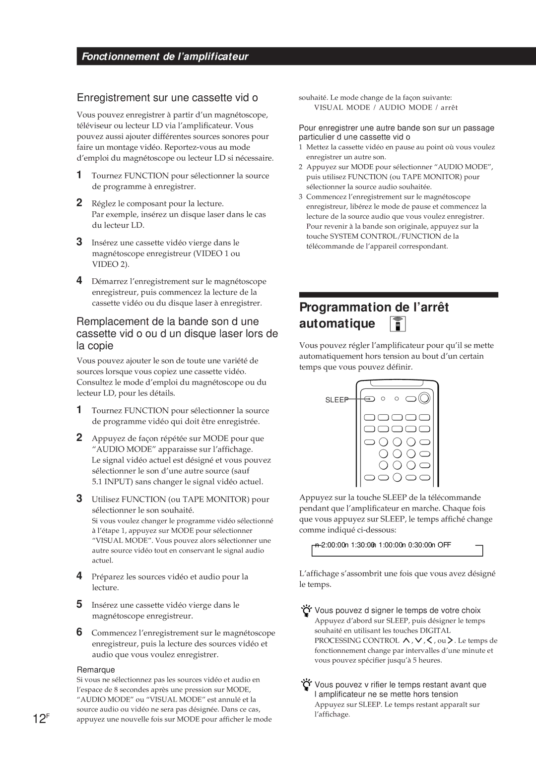 Sony TA-VA8ES, TA-VA7ES manual Programmation de l’arrêt automatique, 12F, Enregistrement sur une cassette vidéo, La copie 