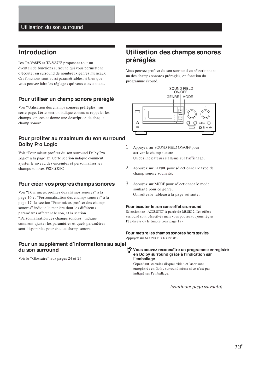 Sony TA-VA7ES, TA-VA8ES manual Utilisation des champs sonores préréglés, 13F 