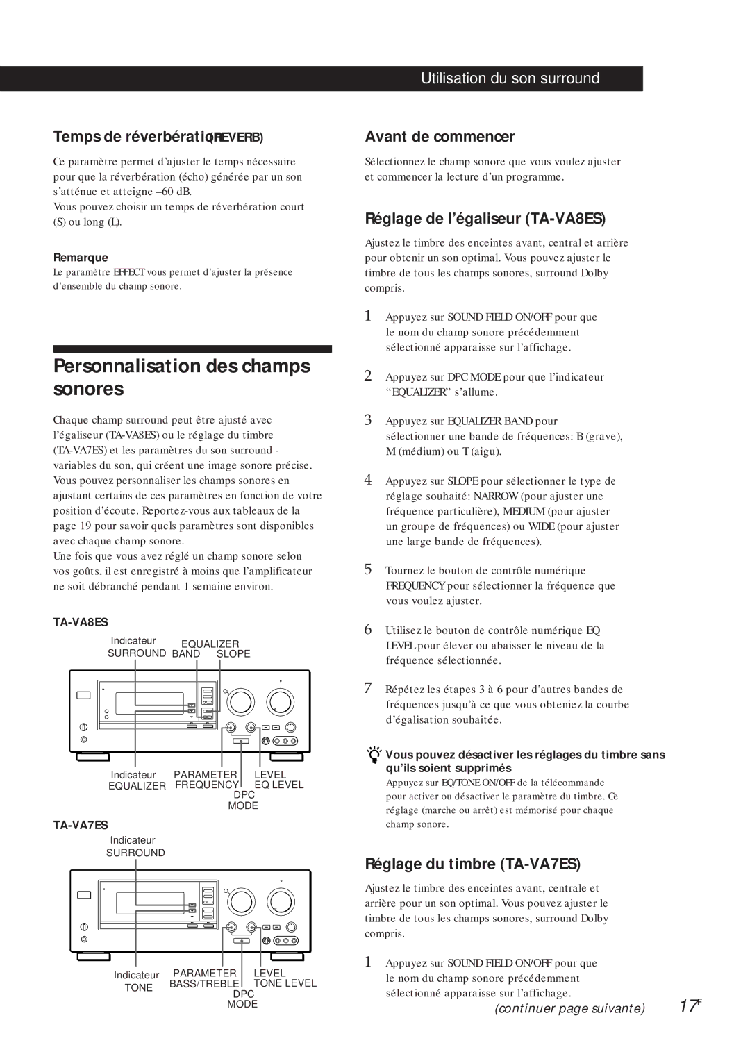 Sony TA-VA7ES manual Personnalisation des champs sonores, Temps de réverbération Reverb, Réglage de l’égaliseur TA-VA8ES 