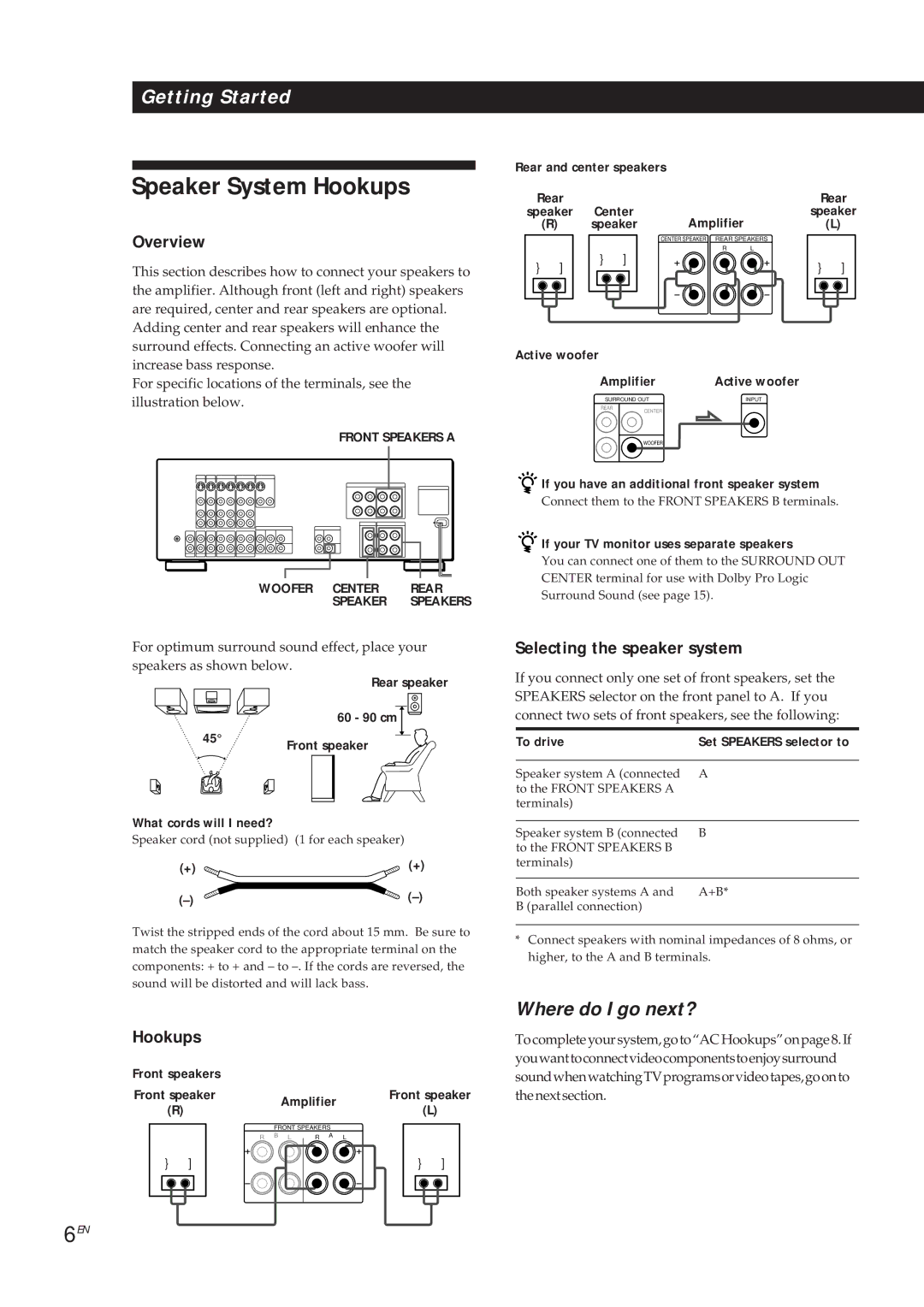 Sony TA-VA7ES, TA-VA8ES manual Speaker System Hookups, Selecting the speaker system 