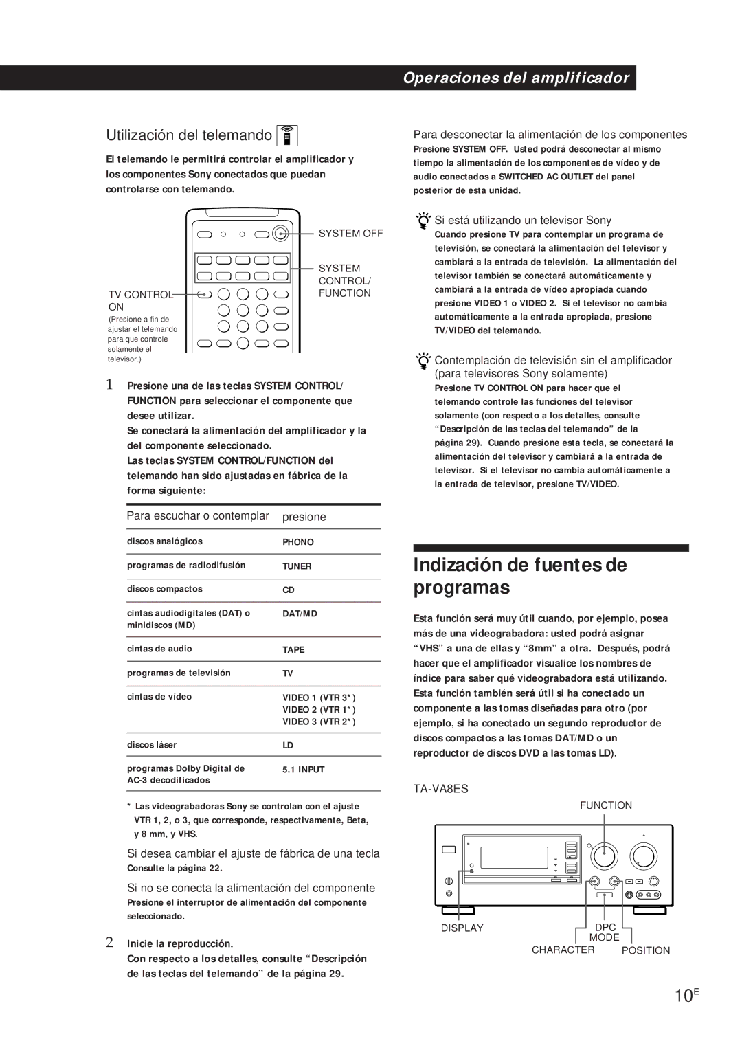 Sony TA-VA7ES, TA-VA8ES manual Indización de fuentes de programas, 10E, Utilización del telemando 