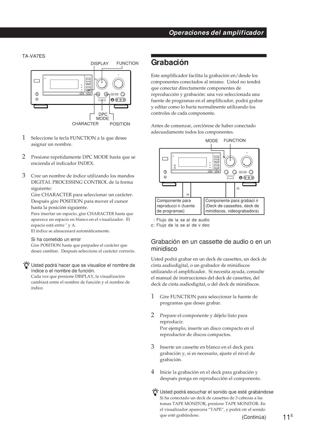 Sony TA-VA8ES, TA-VA7ES manual Grabación en un cassette de audio o en un minidisco, Si ha cometido un error 