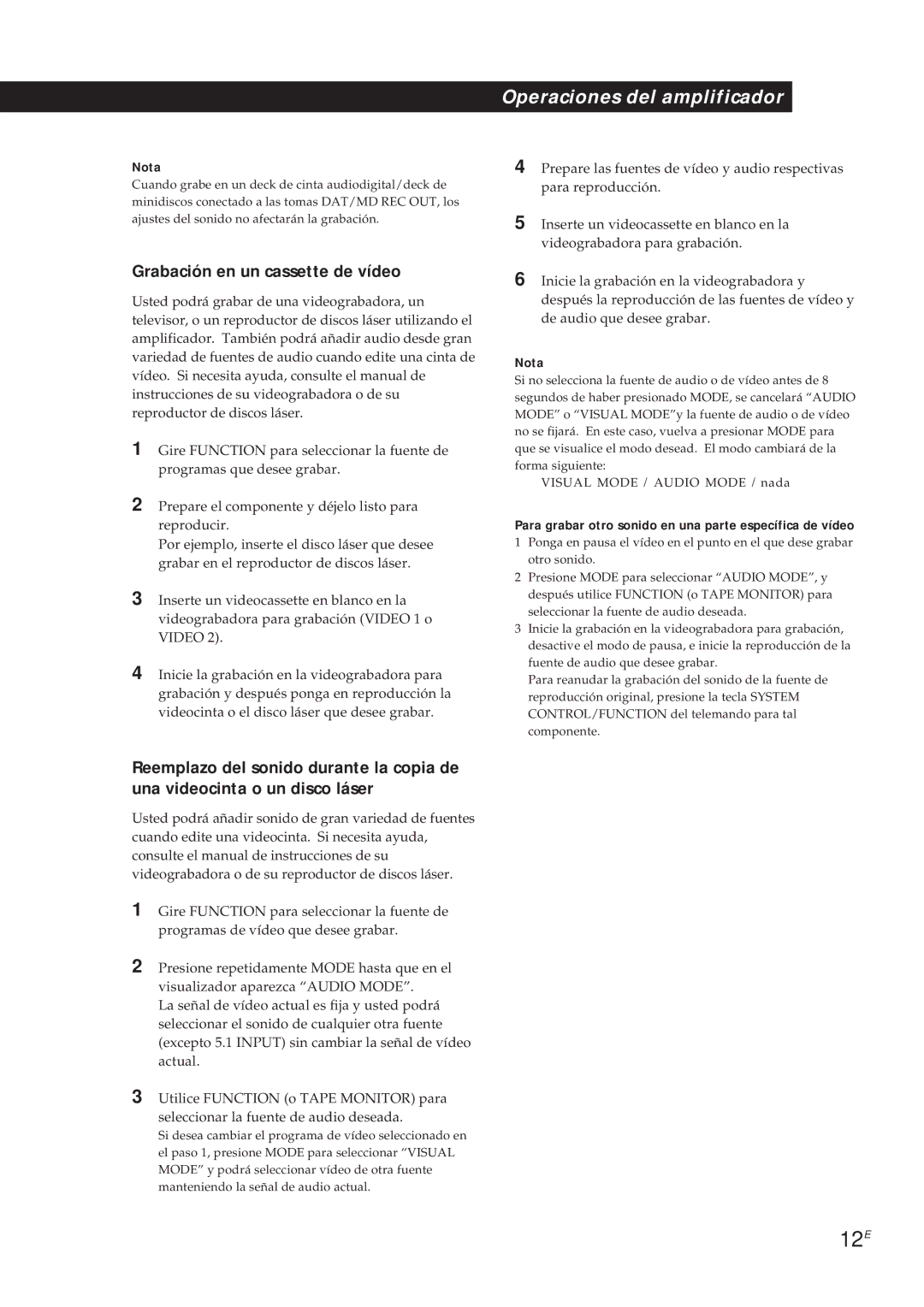 Sony TA-VA7ES manual 12E, Grabación en un cassette de vídeo, Nota, Para grabar otro sonido en una parte específica de vídeo 