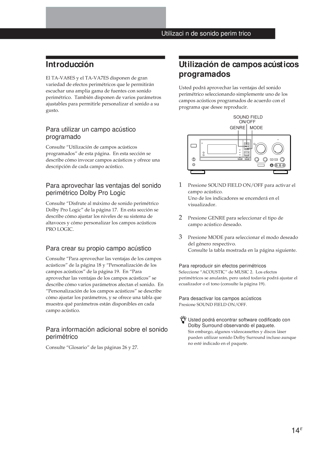 Sony TA-VA7ES, TA-VA8ES manual Introducción, Utilización de campos acústicos programados, 14E 