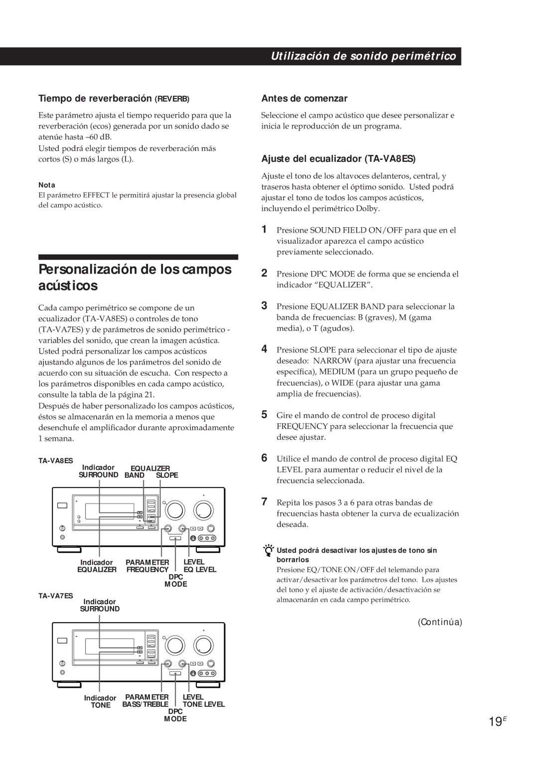 Sony TA-VA8ES, TA-VA7ES manual Personalización de los campos acústicos, 19E, Tiempo de reverberación Reverb 