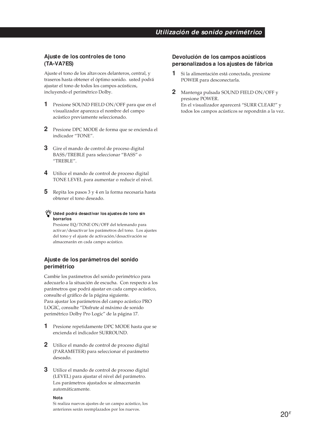 Sony TA-VA8ES manual 20E, Ajuste de los controles de tono TA-VA7ES, Ajuste de los parámetros del sonido perimétrico 