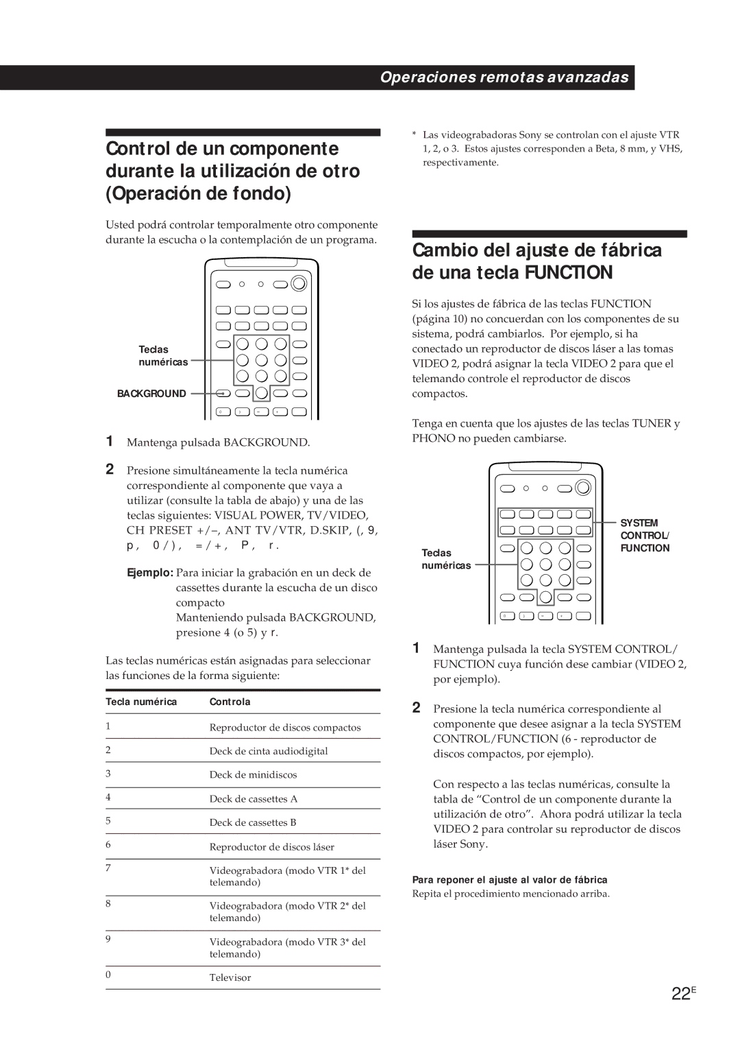 Sony TA-VA7ES, TA-VA8ES manual 22E, Tecla numérica Controla, Para reponer el ajuste al valor de fábrica, Teclas numéricas 