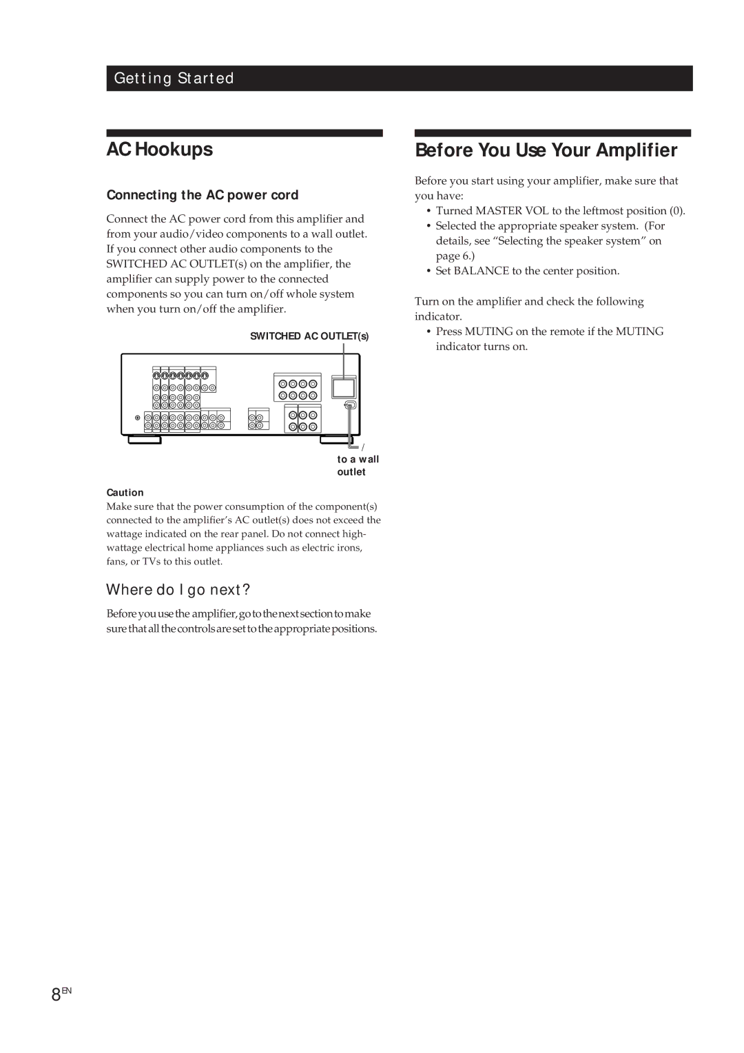 Sony TA-VA7ES, TA-VA8ES manual AC Hookups, Before You Use Your Amplifier, Connecting the AC power cord 