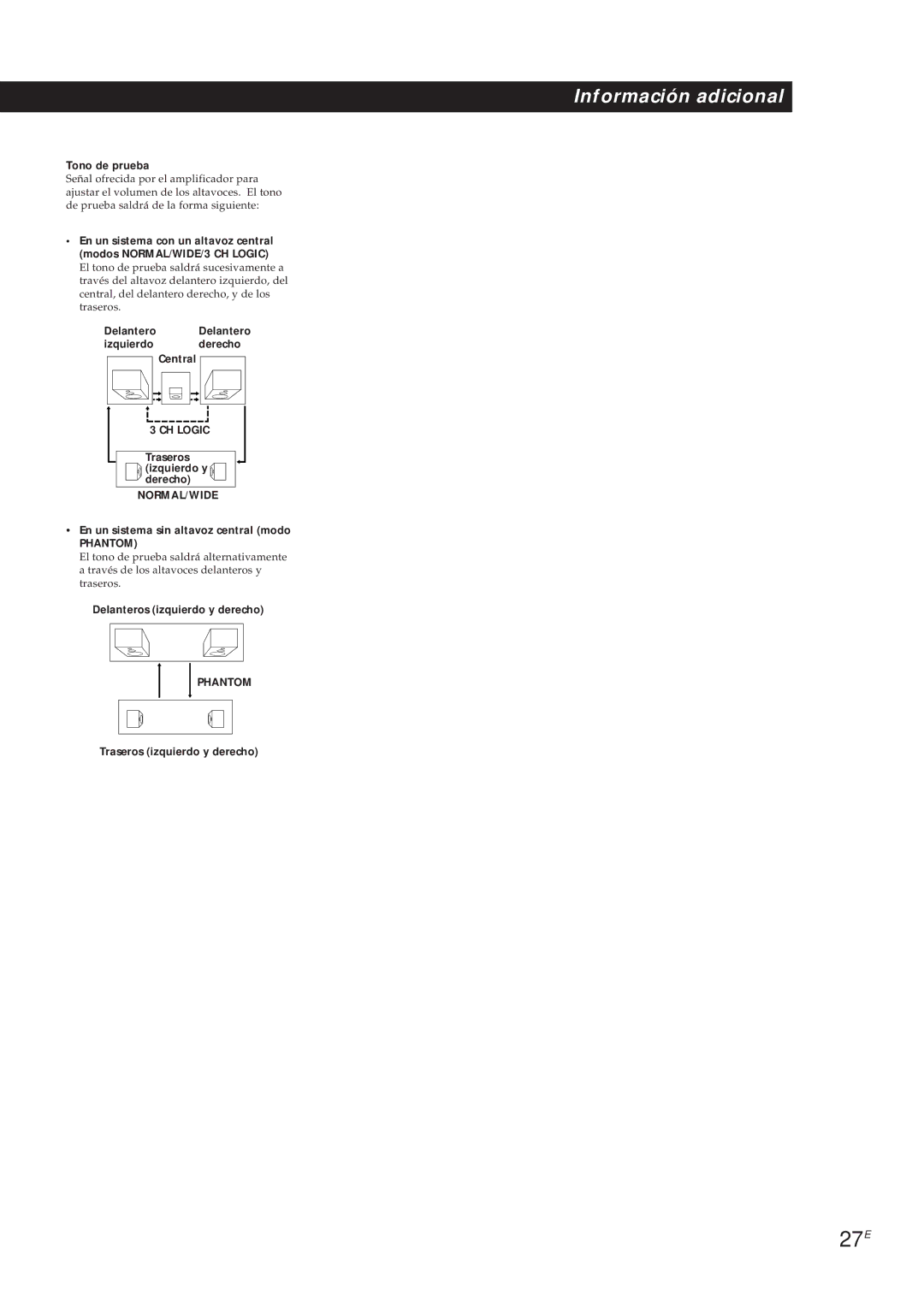 Sony TA-VA8ES, TA-VA7ES manual 27E, Tono de prueba, En un sistema sin altavoz central modo 