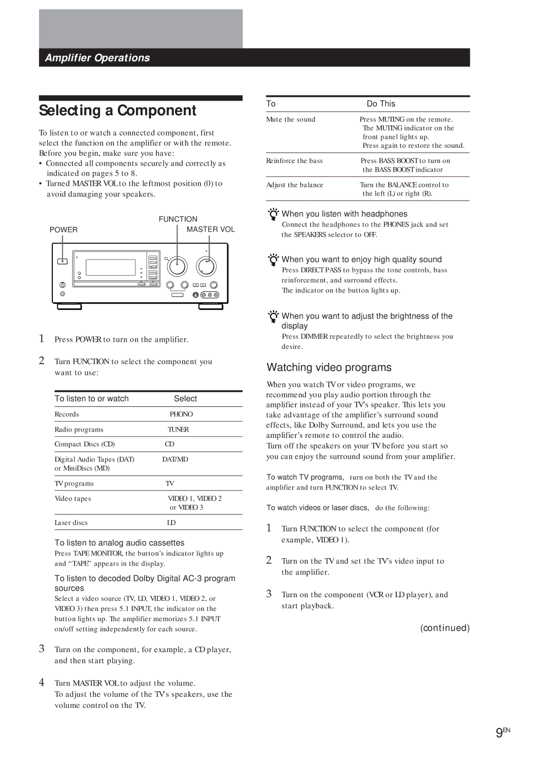 Sony TA-VA8ES, TA-VA7ES manual Selecting a Component, Watching video programs 