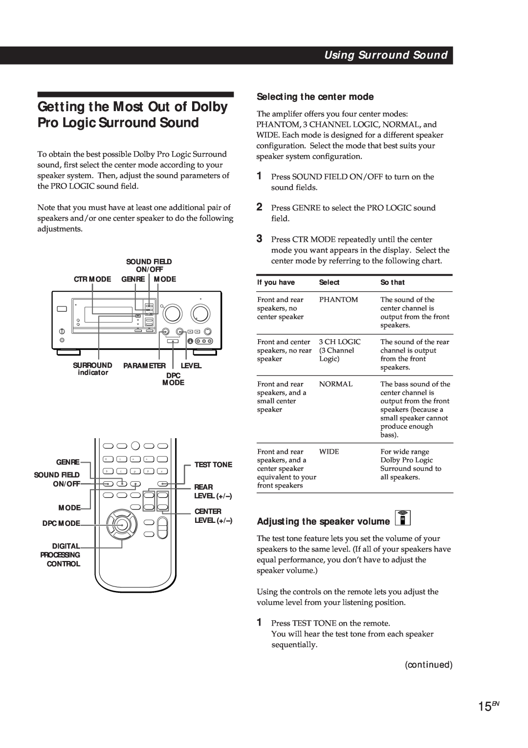 Sony TA-VA8ES 15EN, Selecting the center mode, Adjusting the speaker volume, If you have, So that, Using Surround Sound 