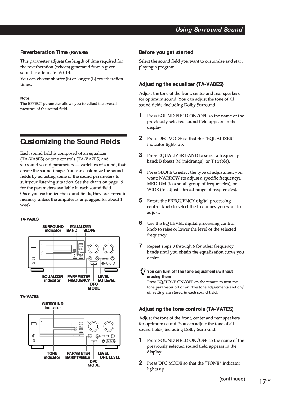 Sony manual Customizing the Sound Fields, Reverberation Time REVERB, Adjusting the equalizer TA-VA8ES, continued 17EN 