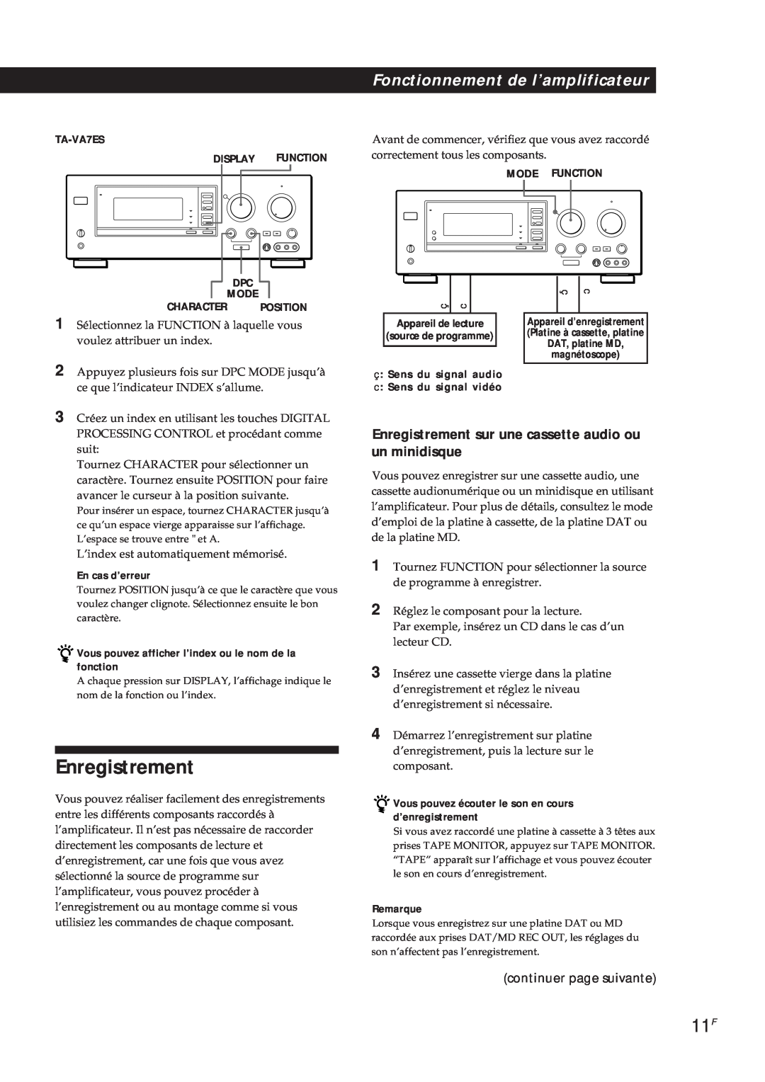 Sony TA-VA7ES manual Enregistrement, continuer page suivante, En cas d’erreur, Remarque, Fonctionnement de l’amplificateur 