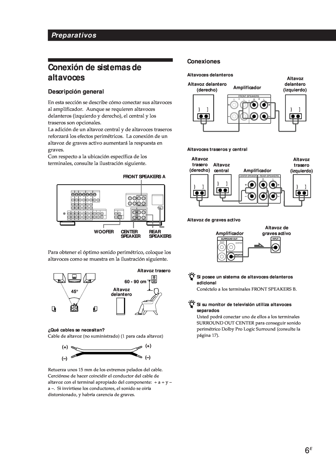 Sony TA-VA7ES manual Conexión de sistemas de altavoces, Altavoces delanteros, Altavoces traseros y central, Preparativos 