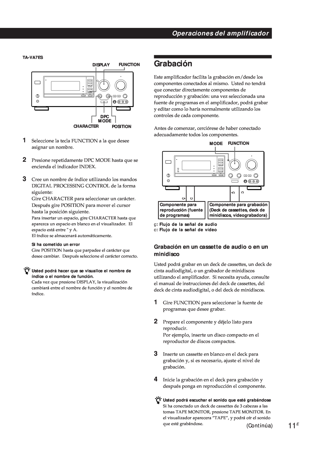 Sony TA-VA8ES manual Grabación, Continúa, Si ha cometido un error, Operaciones del amplificador, TA-VA7ES 