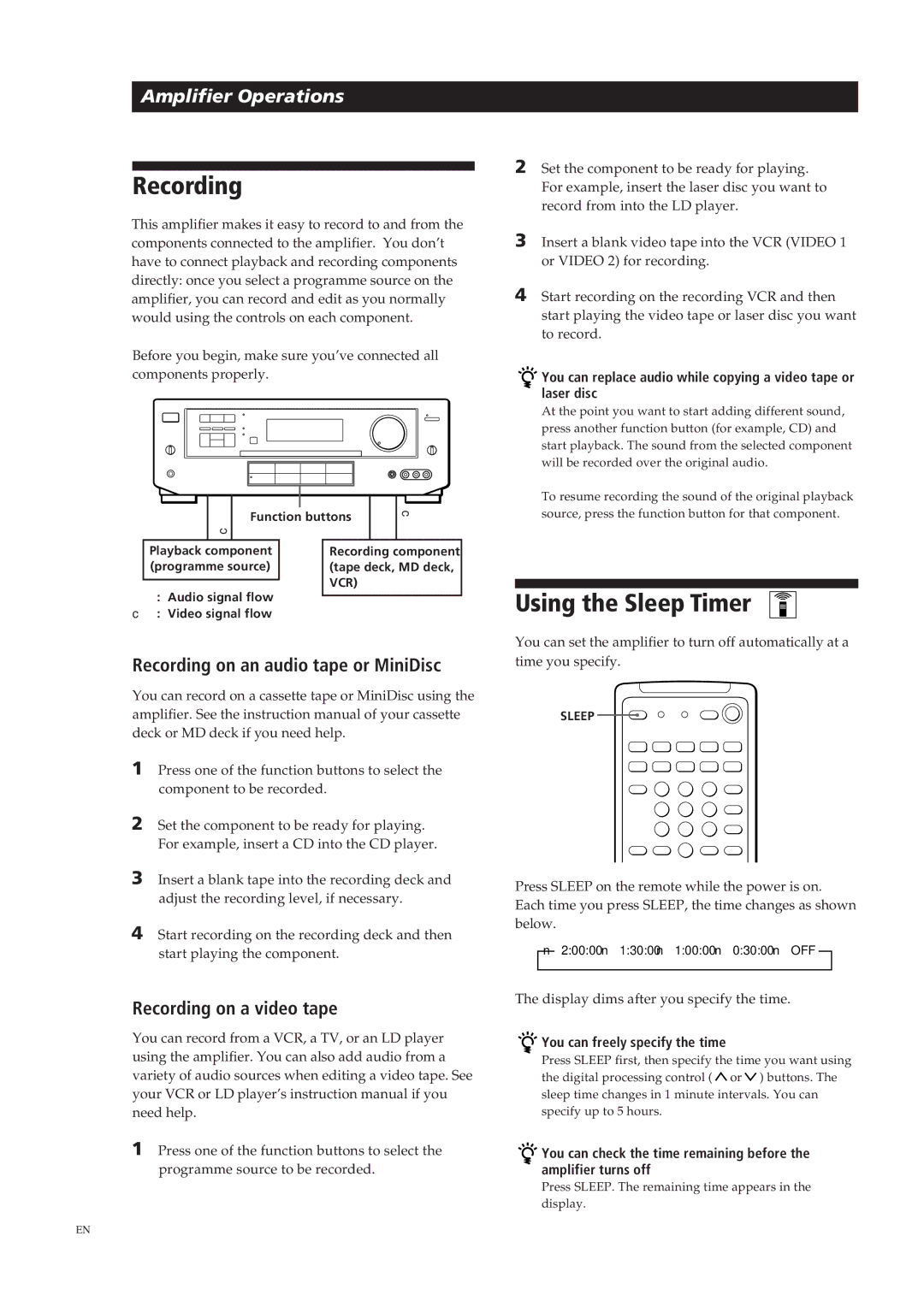 Sony TA-VE700 manual Using the Sleep Timer, 10EN, Recording on an audio tape or MiniDisc, Recording on a video tape 