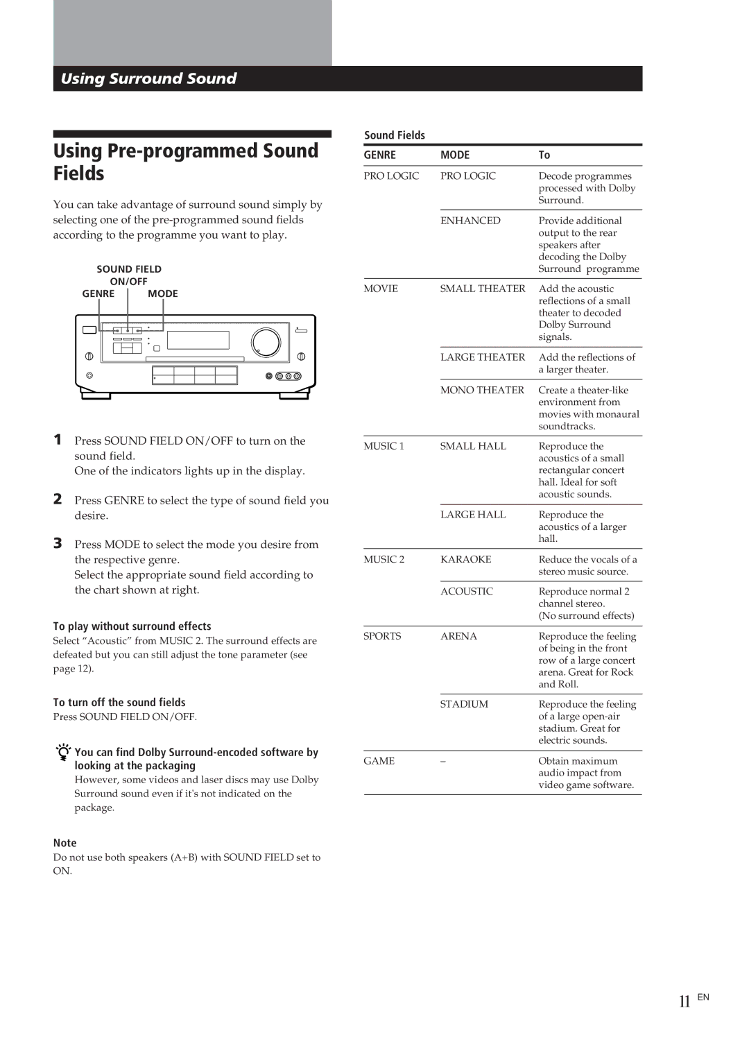 Sony TA-VE700 manual Using Pre-programmed Sound Fields, 11EN, Using Surround Sound 