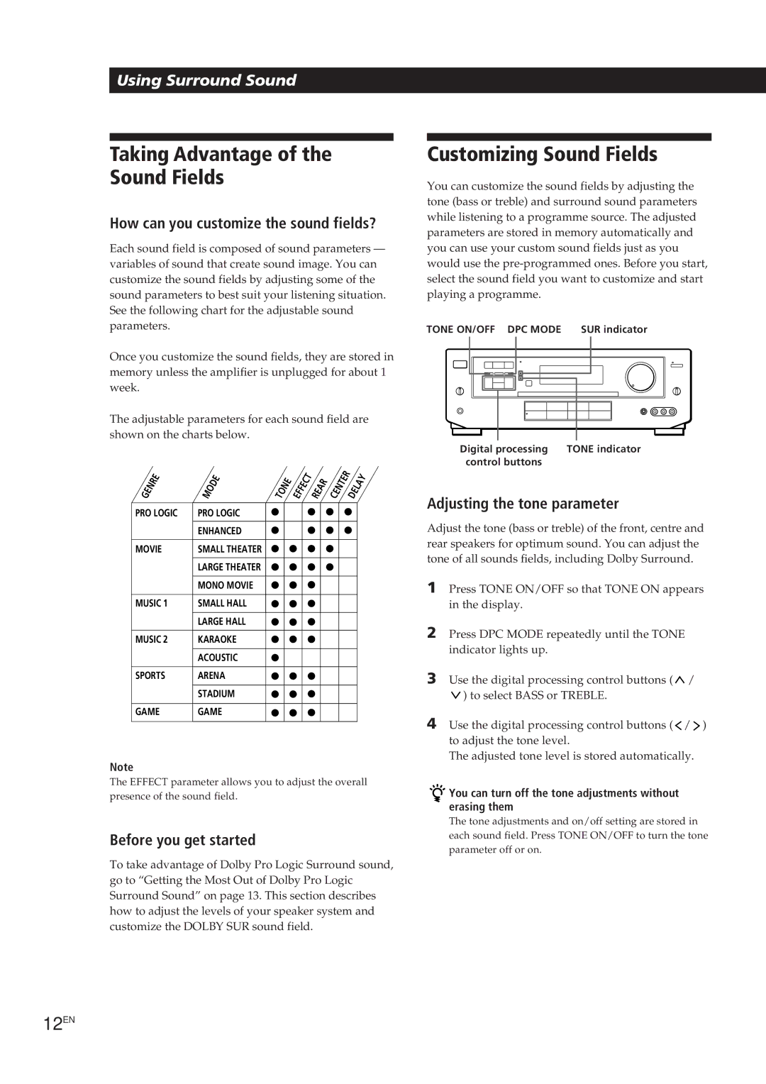 Sony TA-VE700 manual Taking Advantage of the Sound Fields, Customizing Sound Fields, 12EN, Adjusting the tone parameter 