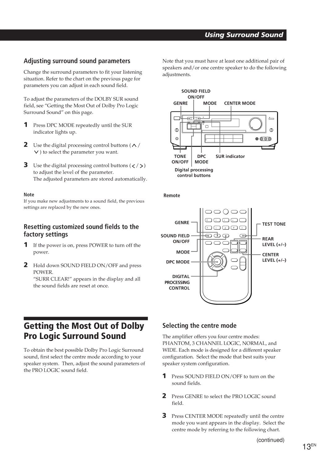 Sony TA-VE700 manual Getting the Most Out of Dolby Pro Logic Surround Sound, 13EN, Adjusting surround sound parameters 