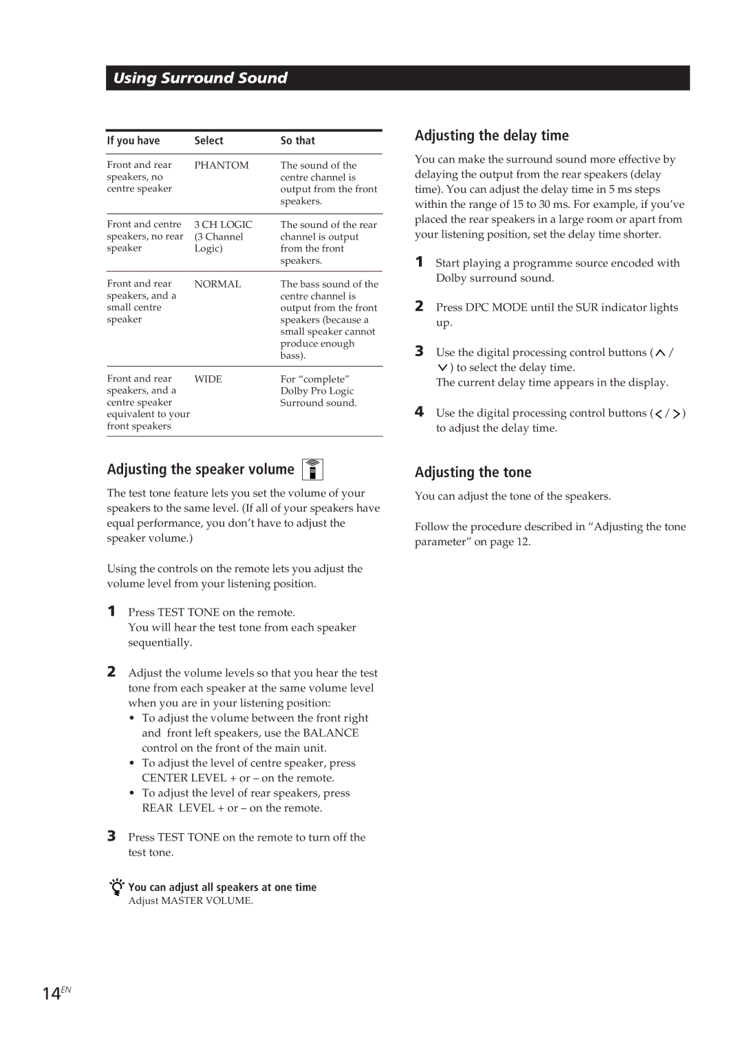 Sony TA-VE700 manual 14EN, Adjusting the speaker volume, Adjusting the delay time, Adjusting the tone 