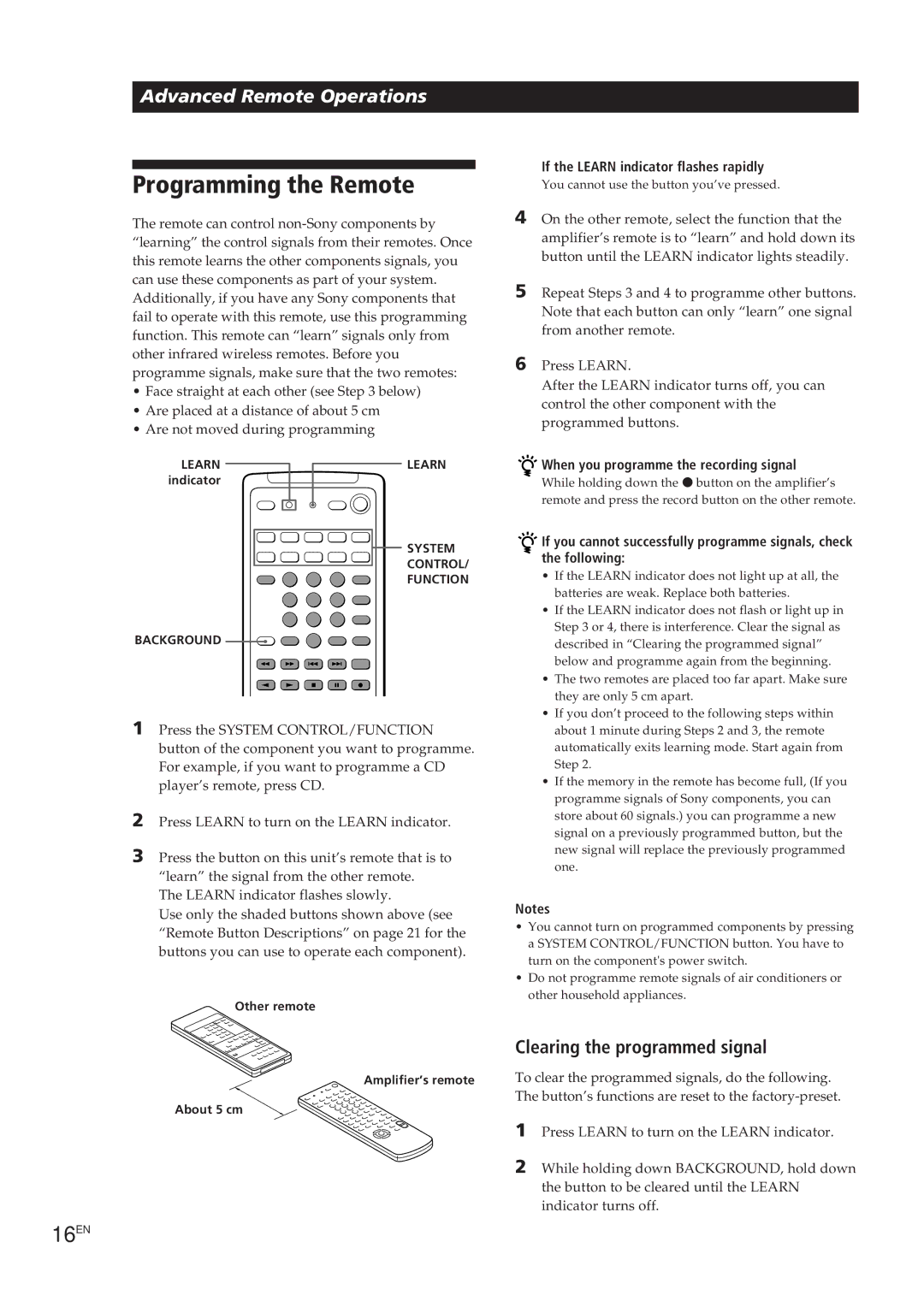 Sony TA-VE700 manual Programming the Remote, 16EN, Clearing the programmed signal, If the Learn indicator flashes rapidly 