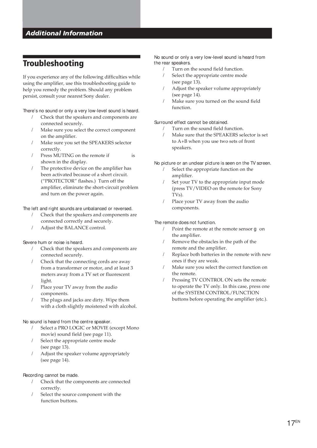 Sony TA-VE700 manual Troubleshooting, 17EN, Additional Information 