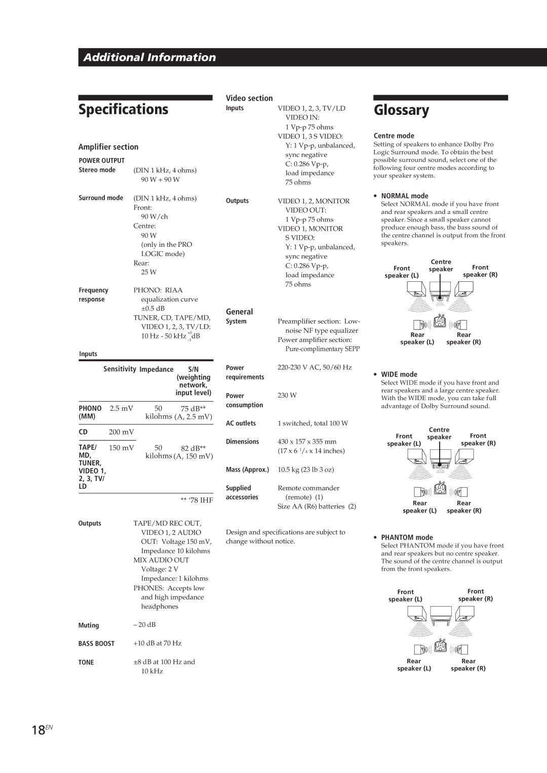 Sony TA-VE700 manual Specifications, Glossary, 18EN, Amplifier section, General 