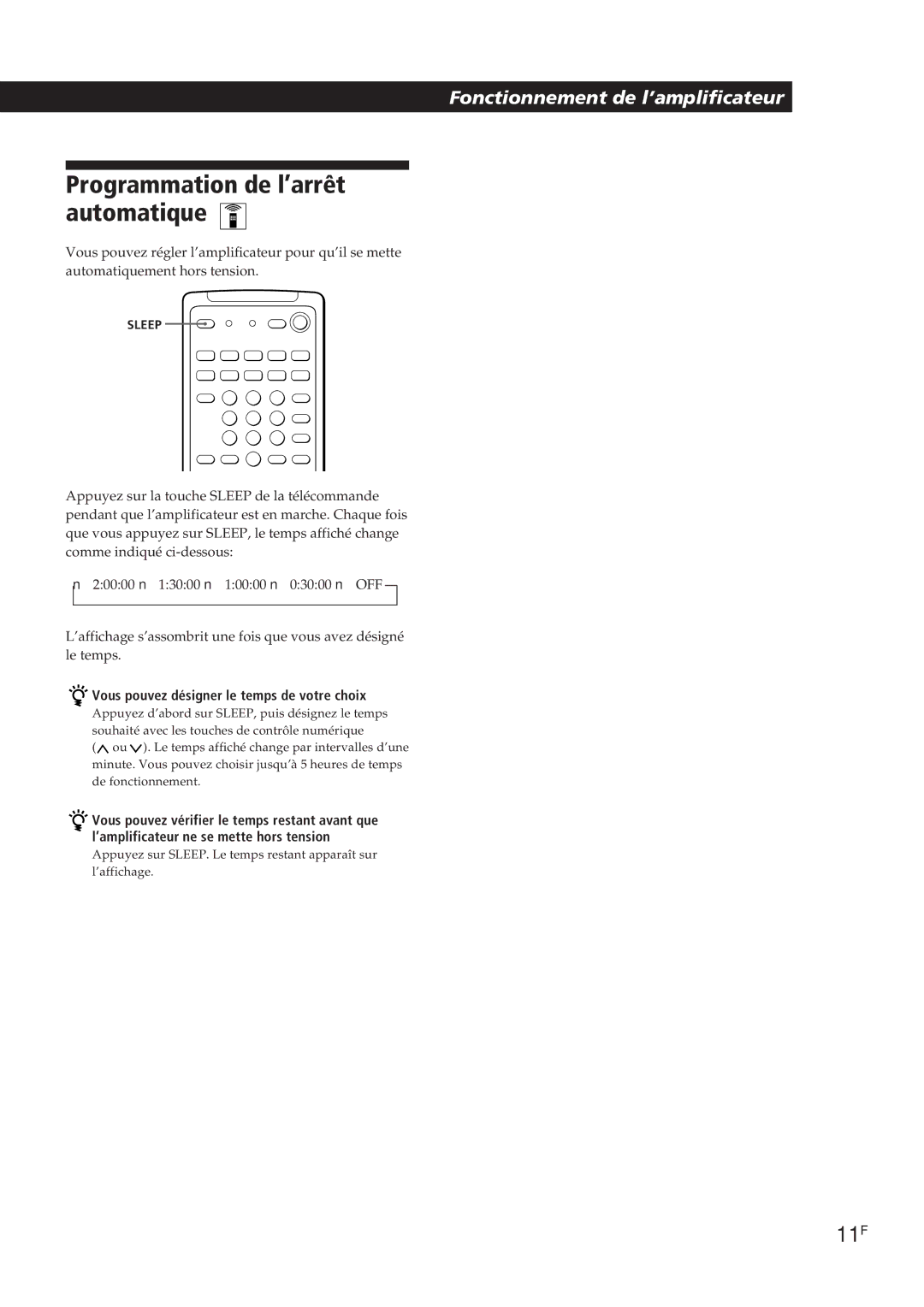 Sony TA-VE700 manual Programmation de l’arrêt automatique, 11F, Vous pouvez désigner le temps de votre choix 