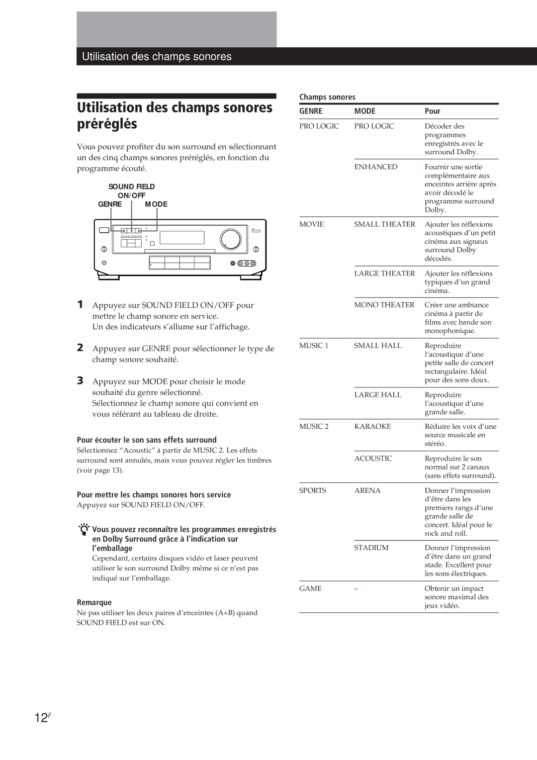 Sony TA-VE700 manual Utilisation des champs sonores préréglés, 12F 