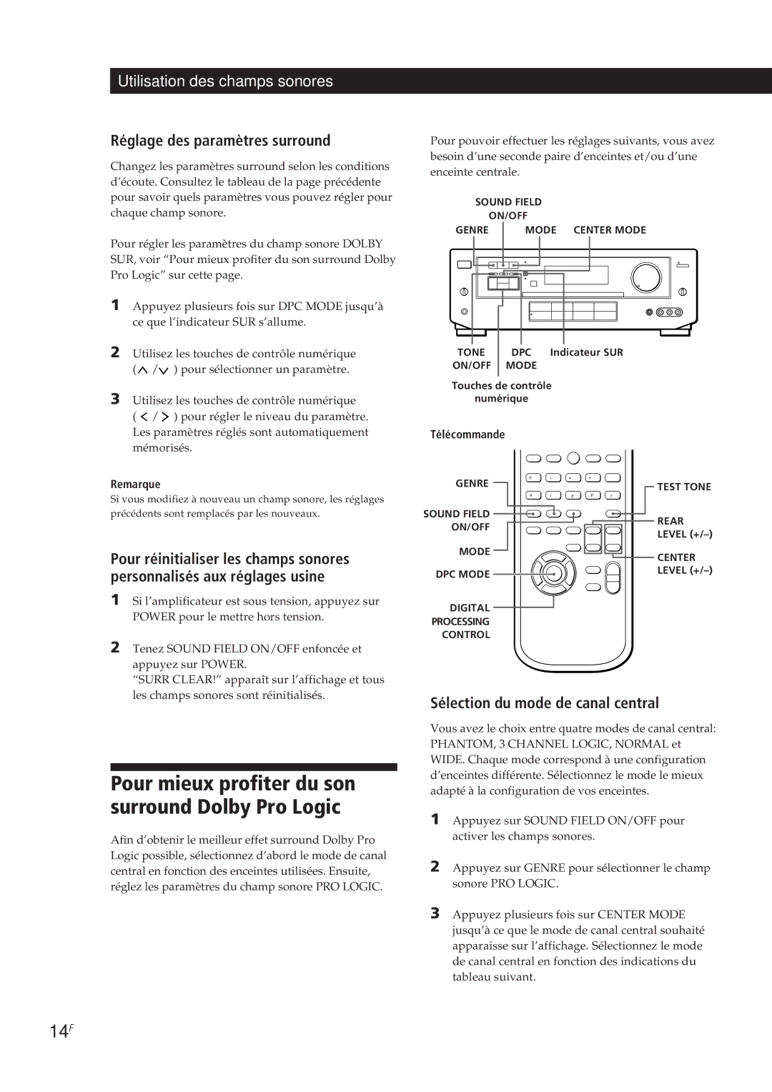 Sony TA-VE700 Pour mieux profiter du son surround Dolby Pro Logic, 14F, Réglage des paramètres surround, Télécommande 