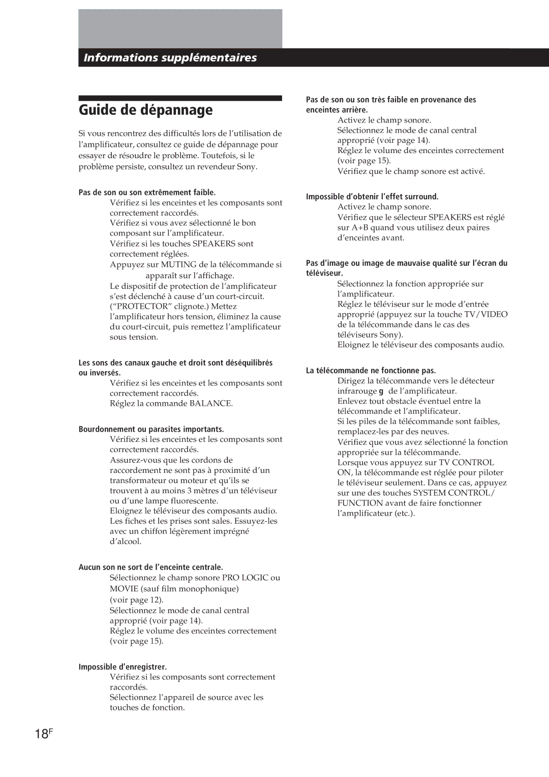 Sony TA-VE700 manual Guide de dépannage, 18F, Informations supplémentaires 