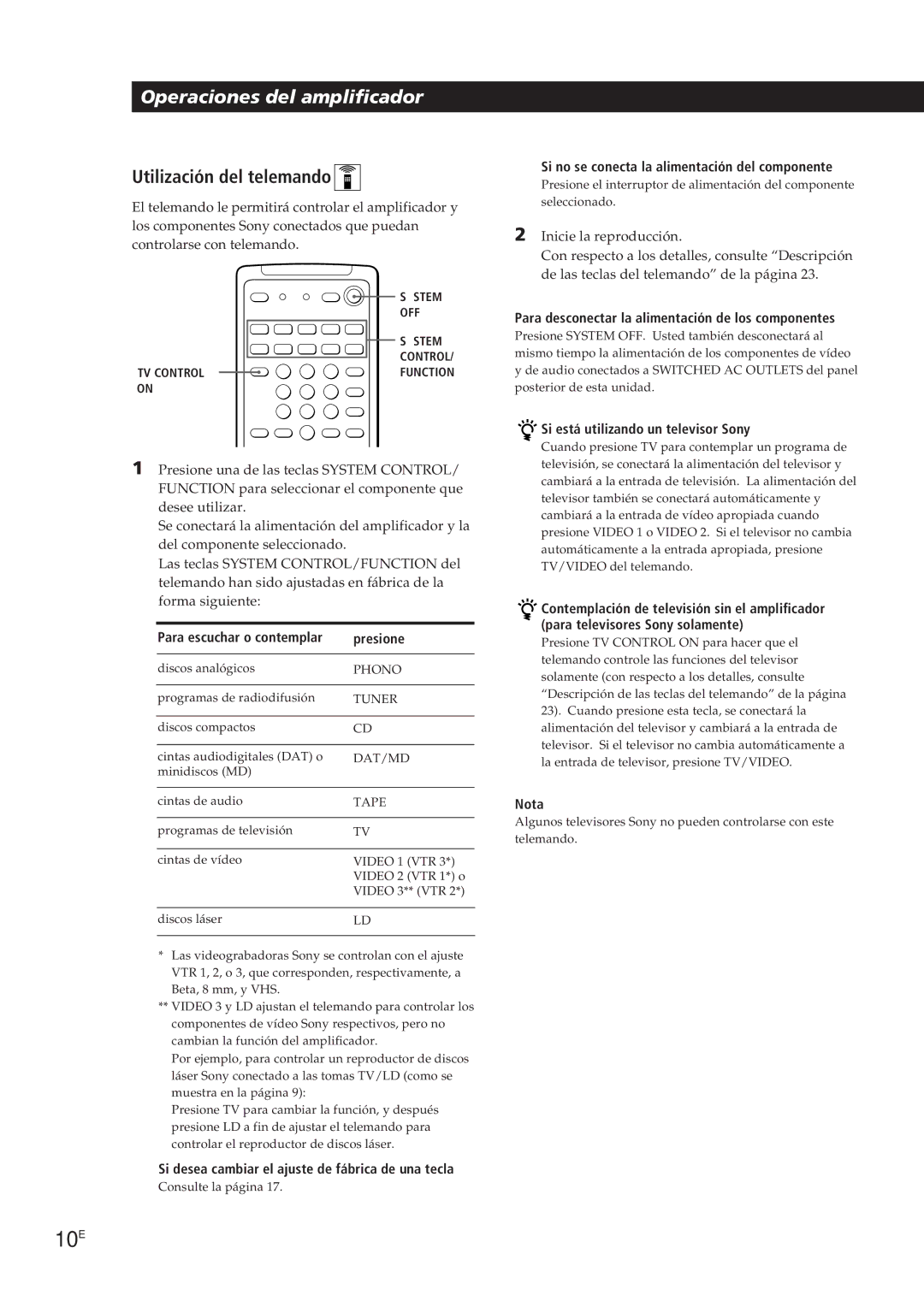 Sony TA-VE700 manual 10E, Utilización del telemando 