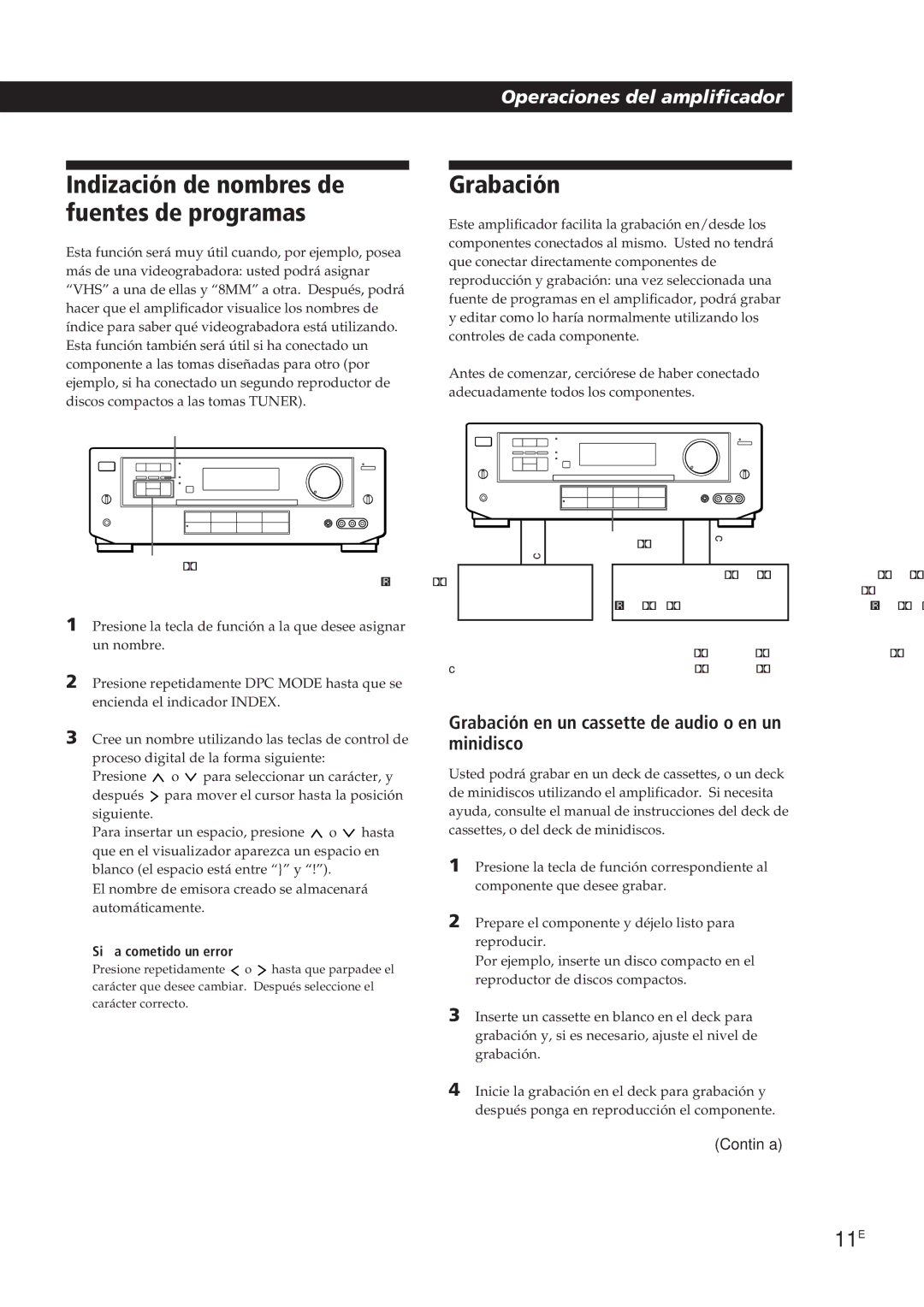 Sony TA-VE700 manual Grabación, Indización de nombres de fuentes de programas, 11E, Si ha cometido un error 