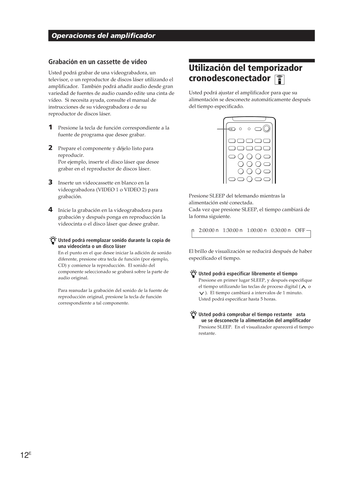 Sony TA-VE700 manual Utilización del temporizador cronodesconectador, 12E, Grabación en un cassette de vídeo 