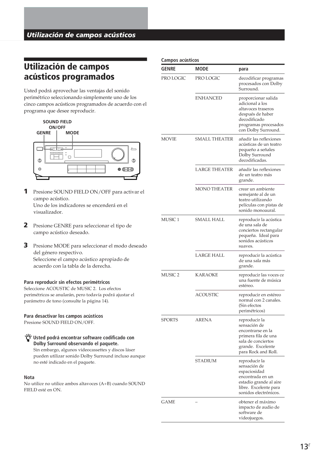 Sony TA-VE700 manual 13E, Utilización de campos acústicos 