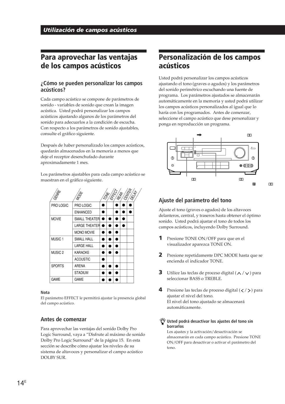 Sony TA-VE700 manual Personalización de los campos acústicos, Para aprovechar las ventajas de los campos acústicos, 14E 